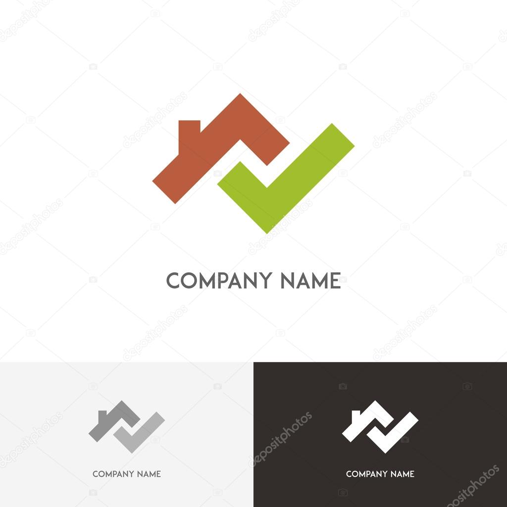 Real estate logo - house with chimney on the roof and green check mark on the white background