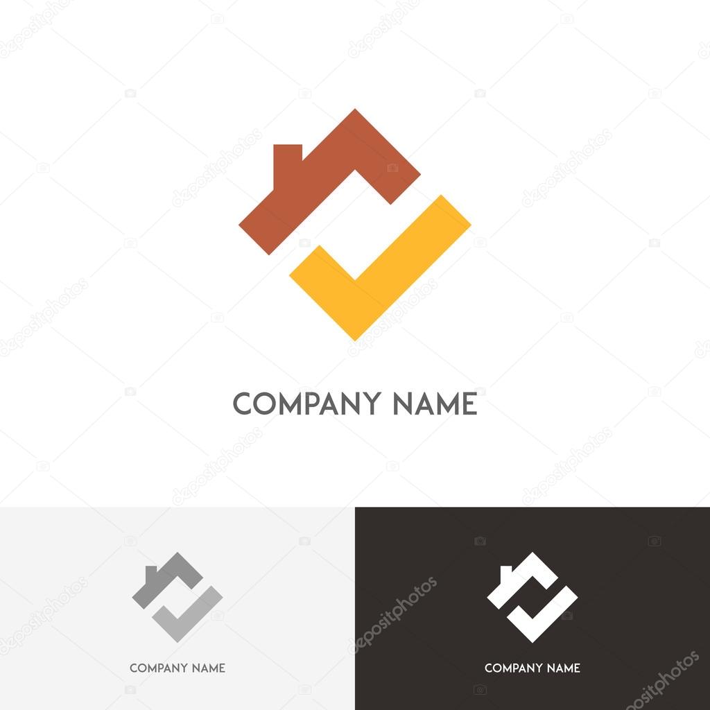 Real estate logo - house with chimney on the roof and check mark symbol on the white background