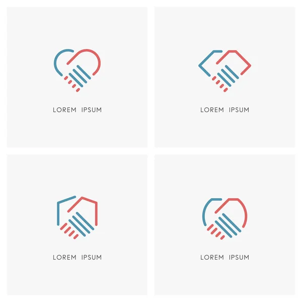 Handschlag Umreißt Logo Set Händeschütteln Herz Schild Quadrat Und Kreis — Stockvektor