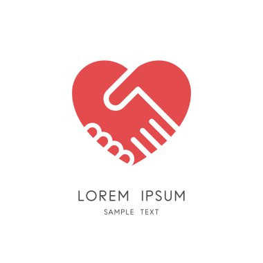 El sıkışma ve kalp logosu - tokalaşma ve aşk veya ilişki sembolü. İş ortaklığı ve takım çalışması, işbirliği ve işbirliği vektör simgesi.