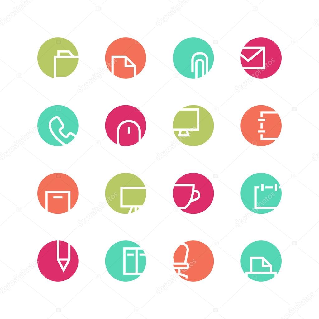 Office icon set - vector minimalist. Different symbols on the colored background.