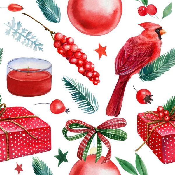 매끄럽지 않은 패턴. 크리스마스 배경, 빨간 공, 나뭇잎, 선물, 가문비나무 가지, 활, 수채화. — 스톡 사진