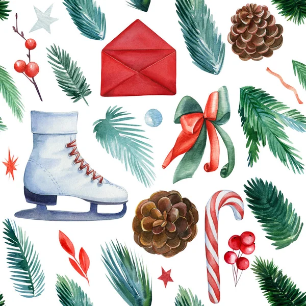 Patrón sin costuras, fondo de Navidad con sobre, patines, piruleta, ramas de abeto, dibujos de acuarela de cono de pino —  Fotos de Stock