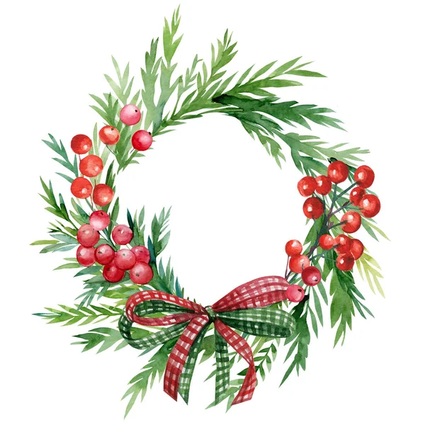 Tatil kartı, beyaz arka planda Noel çelengi, suluboya çizimler.