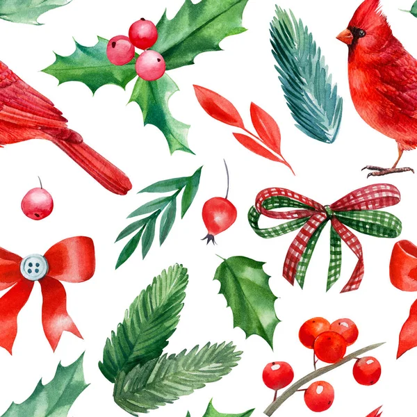 Christmas holly leaves, berries, spruce branches, bows, red cardinal, watercolor illustration. Seamless pattern