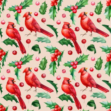 Kusursuz desen, Noel kutsallığı yaprakları ve böğürtlenler, kırmızı kardinal kuşlar, suluboya elle çizilmiş resimler.