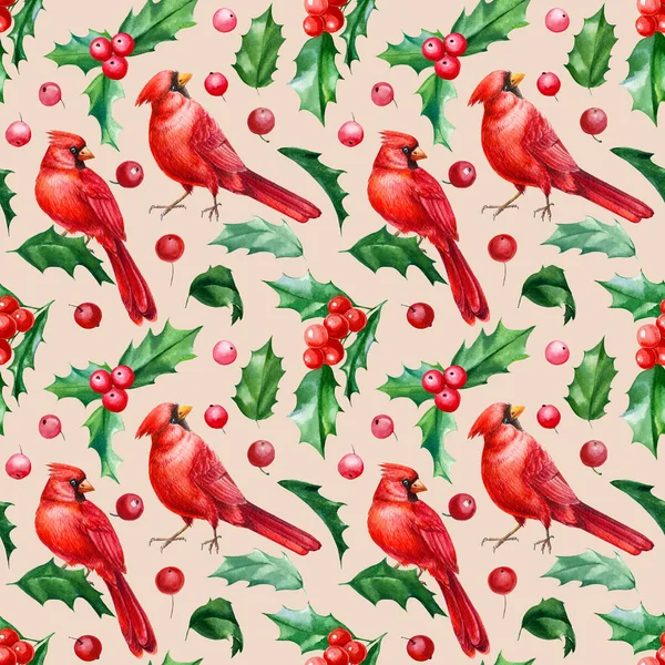 シームレスなパターン、クリスマスホリーの葉と果実、赤い鳥、水彩手描きイラスト — ストック写真