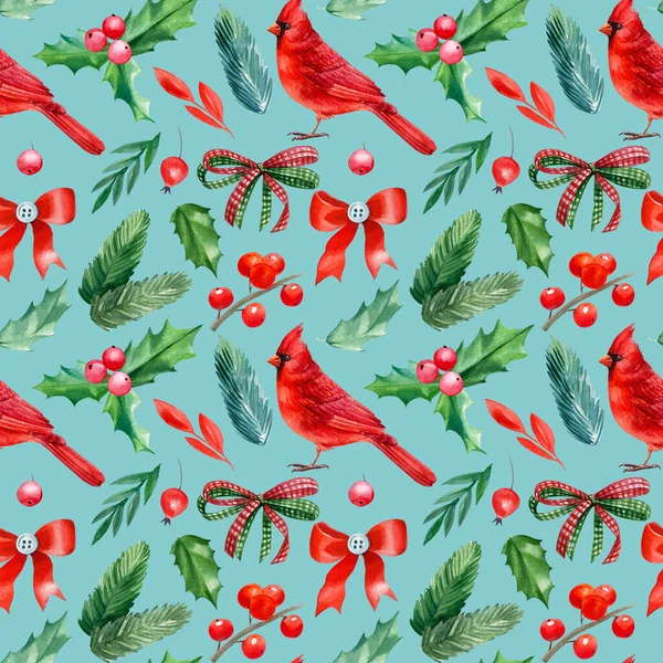 Christmas holly leaves, berries, spruce branches, bows, red cardinal, watercolor illustration. Seamless pattern