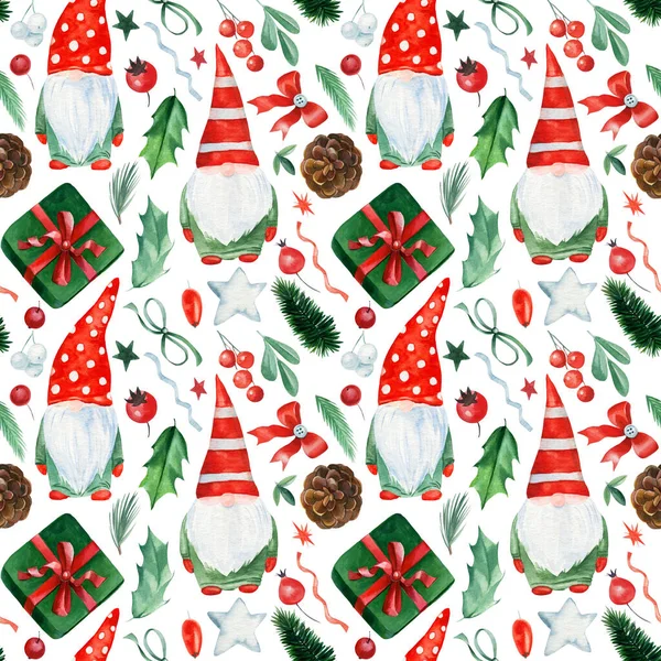 Kusursuz desen, Noel arkaplanı, Oyuncak Noel Baba, Elf, Holly, yaylar. Suluboya çizimleri