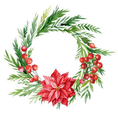 Tatil kartı, beyaz arka planda Noel çelengi, suluboya çizimler.