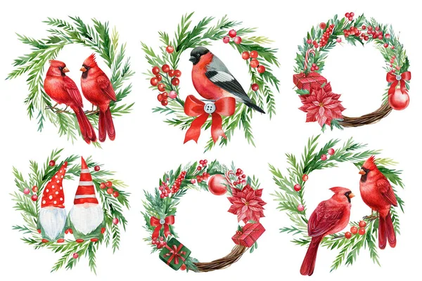 메리 크리스마스, 하얀 배경에 수채화를 그린 일련의 축제 화환 — 스톡 사진