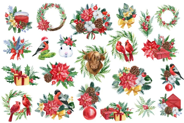 Feliz Navidad, Conjunto de elementos navideños sobre un fondo blanco, ilustración de acuarela, diseño de Año Nuevo —  Fotos de Stock