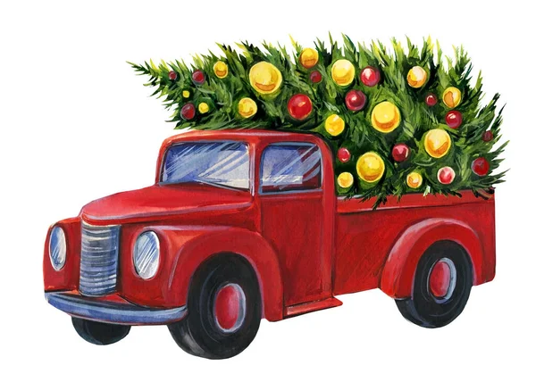 Postal de Navidad, coche rojo con un árbol sobre un fondo blanco, acuarela ilustración, tarjeta de vacaciones — Foto de Stock