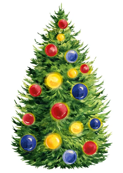 Weihnachtsbaum, Fichte mit Kugeln auf weißem Hintergrund, Aquarell-Illustration, Urlaubskarte — Stockfoto