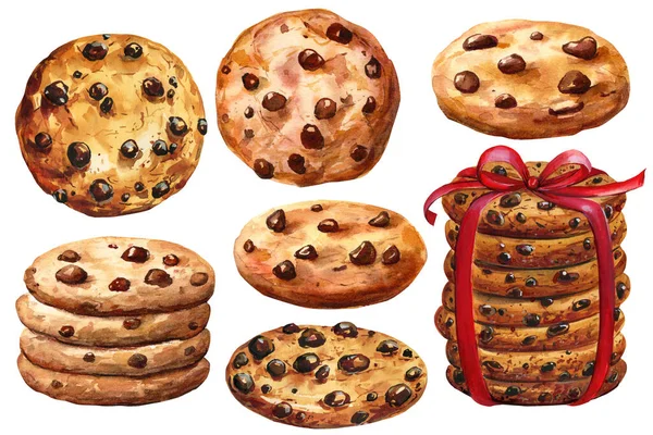 Conjunto de biscoitos com chocolate em um fundo branco, ilustração botânica aquarela, clipart doce — Fotografia de Stock