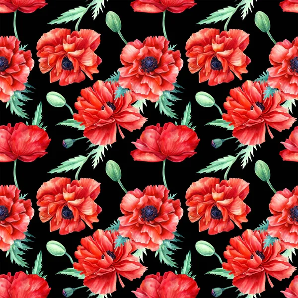 Płynny wzór czerwonych maków na odizolowanym czarnym tle, akwarelowe kwiaty — Zdjęcie stockowe
