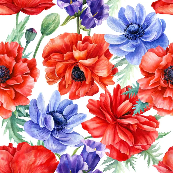 Sömlös mönster av röda vallmo och blå anemoner blommor på isolerad bakgrund, akvarell illustration — Stockfoto