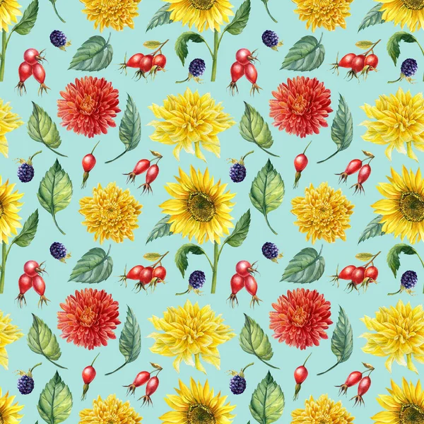 Patrones sin costura de crisantemo, moras, dalias, girasoles dibujados a mano, acuarela amarillo brillante, fondo floral —  Fotos de Stock