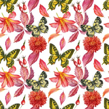 Kelebek desenleri, kasımpatı, pembe zambak, böğürtlen, yapraklar. suluboya çiçek arkaplanı