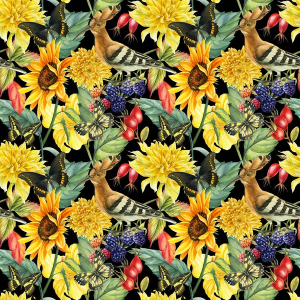 Bezešvé vzory chryzantémy, růže-kyčle, dahlias, lilie, ostružiny, pták, listy. akvarel květinové pozadí — Stock fotografie