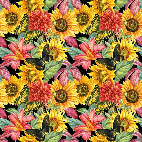 Bezešvé vzory motýlů, slunečnic, růžové lilie, ostružin, listí. akvarel květinový design, černé pozadí — Stock fotografie