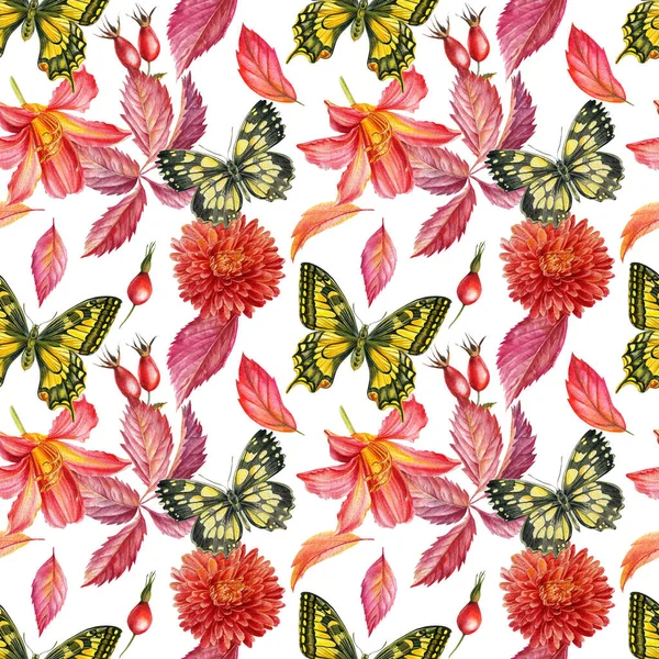 Seamless patterns of butterflies, chrysanthemum, pink lily, blackberries, leaves. watercolor floral background — Stock Photo, Image