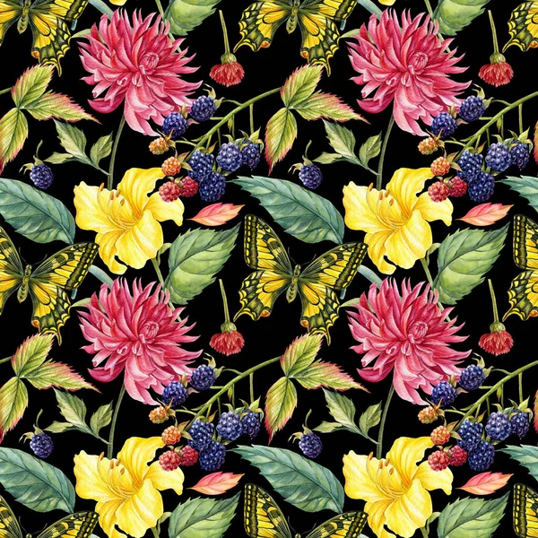 Pillangók, dáliák, liliom, szeder, levelek zökkenőmentes mintái. akvarell virágos háttér — Stock Fotó