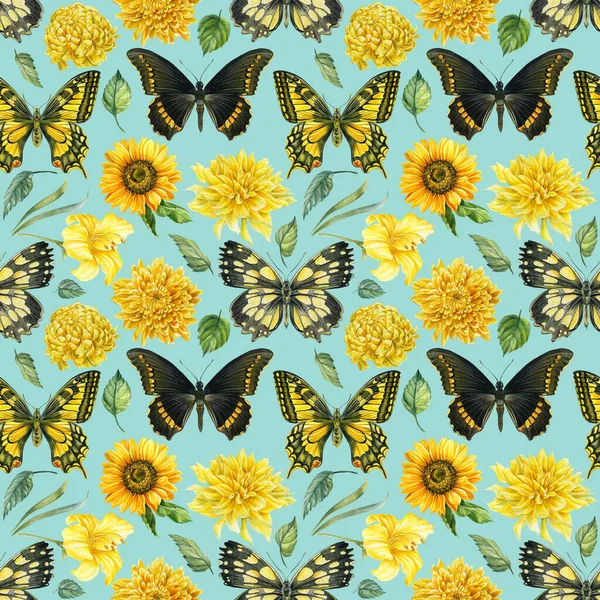 Seamless patterns of butterflies, sunflowers, lily, dahlias, leaves. watercolor floral design — Stock Photo, Image