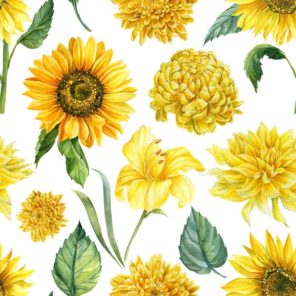 Padrões sem costura de girassóis desenhados à mão, aquarela amarelo brilhante, fundo floral — Fotografia de Stock