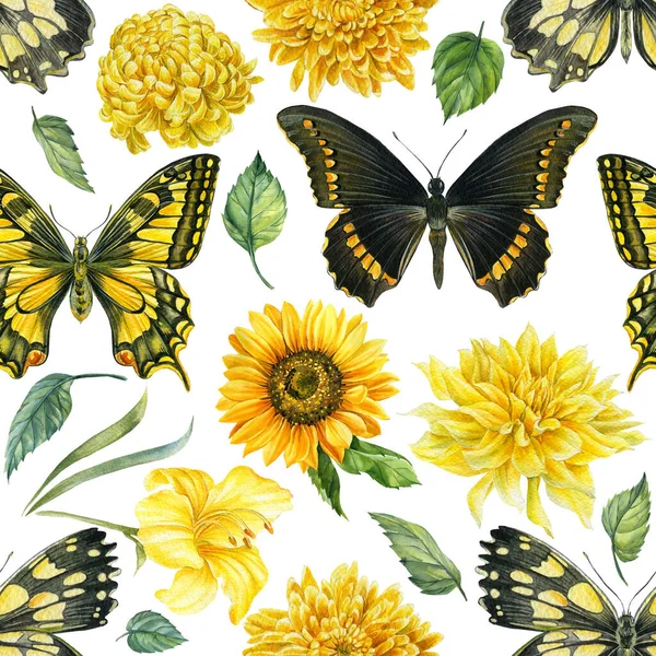 Modelli senza soluzione di continuità di farfalle, girasoli, gigli, dalie, foglie. acquerello disegno floreale — Foto Stock