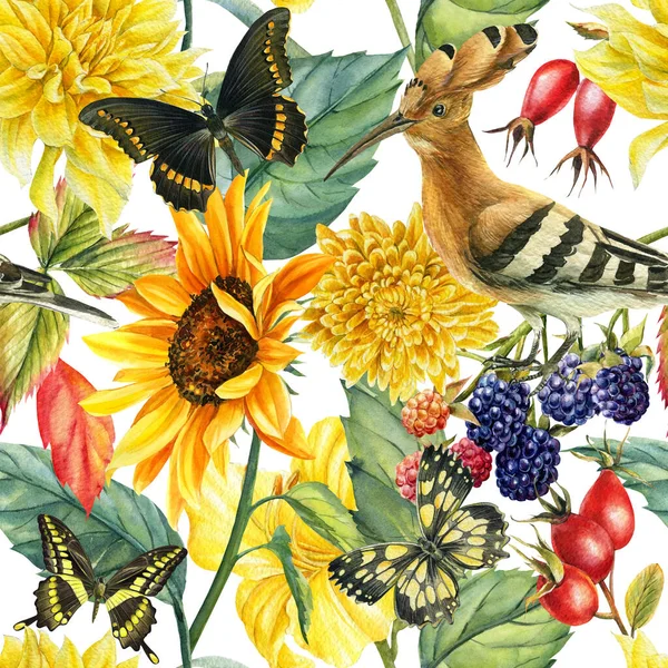 Varrat nélküli minták krizantém, csipkebogyó, dália, liliom, szeder, madár. akvarell virágos háttér — Stock Fotó