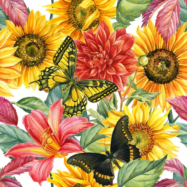 Kelebek desenleri, ayçiçekleri, pembe zambak, böğürtlen, yapraklar. suluboya çiçek tasarımı — Stok fotoğraf