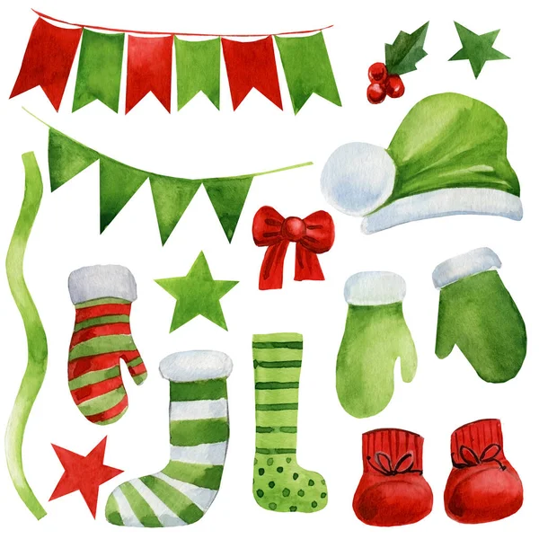 Verde Conjunto de elementos de acuarela de Navidad, sombrero, mitones, calcetines, estrellas, bufanda, guirnalda, banderas, cinta, arco —  Fotos de Stock