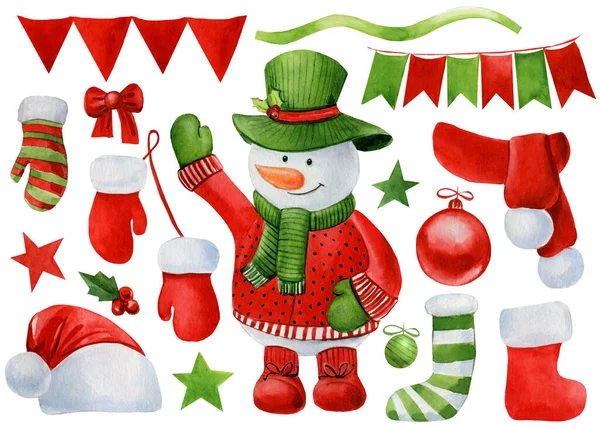 Noel kardan adam, şapka, eldivenler, çoraplar, yıldızlar, eşarp, çelenk, bayraklar, kurdele, pruva, suluboya. — Stok fotoğraf