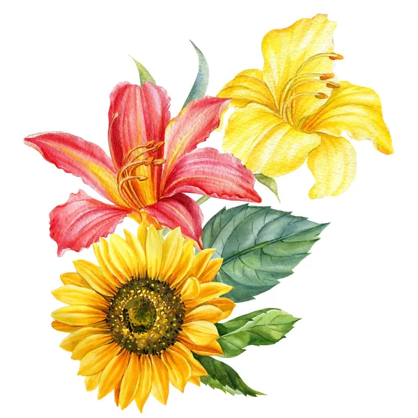 Samenstelling van aquarel heldere bloemen, zonnebloemen, lelies op geïsoleerde witte achtergrond, handwerkje — Stockfoto