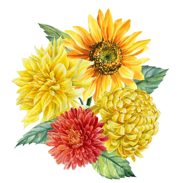 Samenstelling van aquarel heldere bloemen, dahlia 's, zonnebloemen op geïsoleerde witte achtergrond, handtekening — Stockfoto