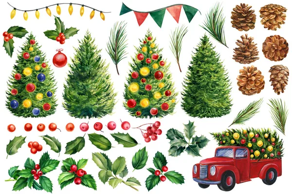 Set de garabatos de acuarela navideña sobre fondo blanco aislado, abeto, coche rojo, conos de pino, acebo, guirnalda y banderas —  Fotos de Stock