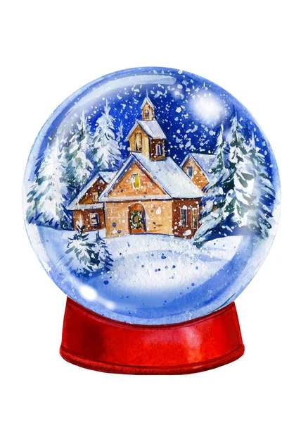 Haus in Schneebällen auf isoliertem weißem Hintergrund, Aquarell-Cliparts, Weihnachtsdekoration — Stockfoto