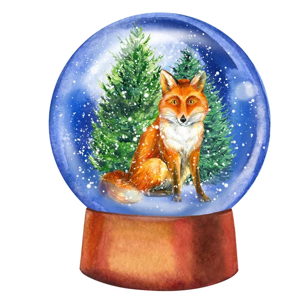 Fox en bolas de nieve en un fondo blanco aislado, clipart acuarela, decoraciones de Navidad — Foto de Stock