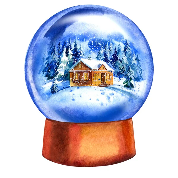 Casa en bolas de nieve sobre un fondo blanco aislado, clipart acuarela, decoraciones de Navidad — Foto de Stock