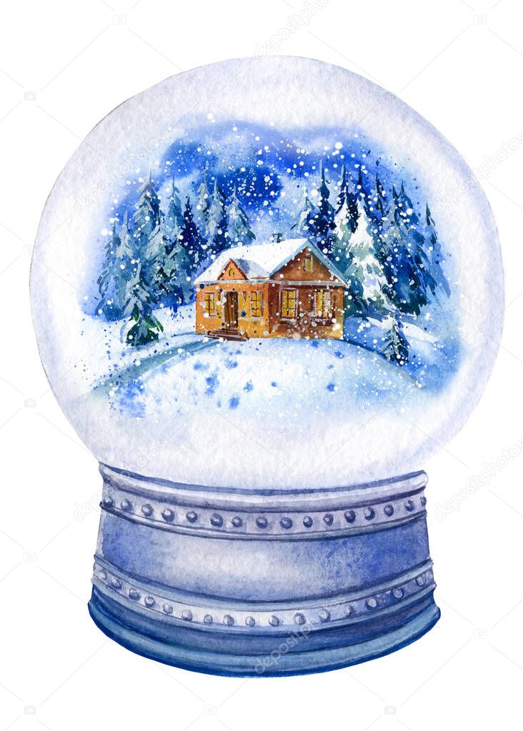 House in snow balls on an isolated white background, watercolor clipart, Christmas decorations