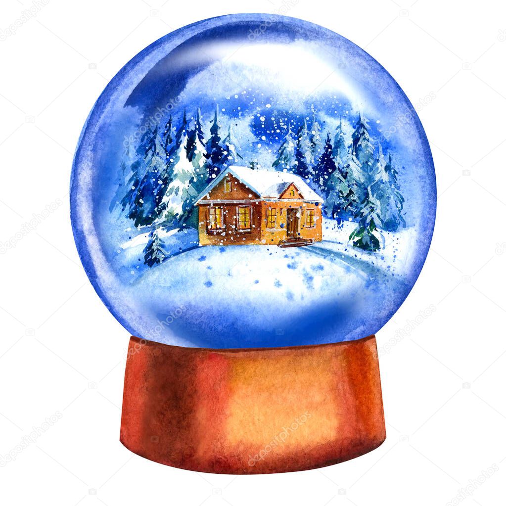 House in snow balls on an isolated white background, watercolor clipart, Christmas decorations