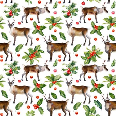 Noel aralıksız geyik ve çobanpüskülü, kış arkaplanı, suluboya resimleme, dijital kağıt