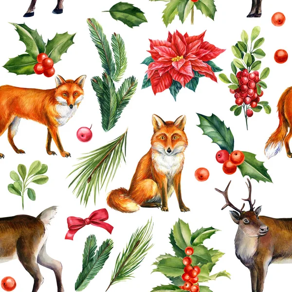 Різдвяний безшовний візерунок з оленів, лисиць і Холлі, зимовий фон, акварельна ілюстрація, цифровий папір — стокове фото