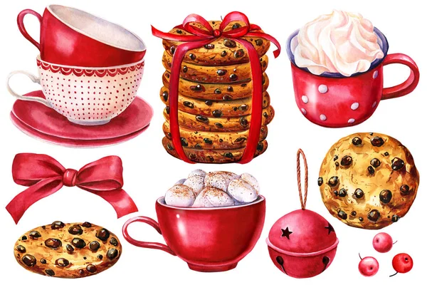 Festliches Set süßer Tassen und Kuchen mit Schokolade auf isoliertem weißem Hintergrund, Aquarell-Illustration — Stockfoto