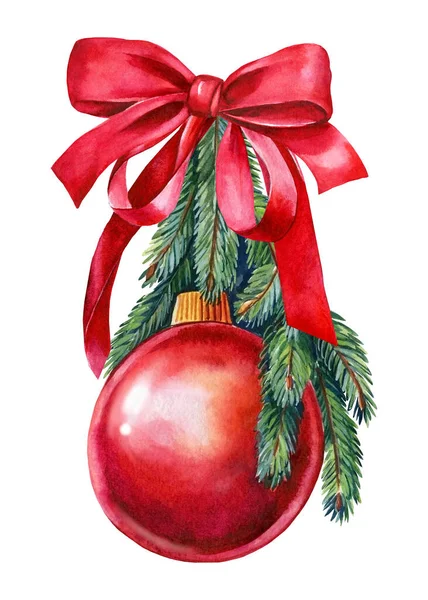 Red christmas ball on isolated white background, watercolor illustration — Stock Photo, Image