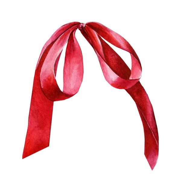 Fiocco di seta rossa su sfondo bianco isolato, illustrazione ad acquerello — Foto Stock