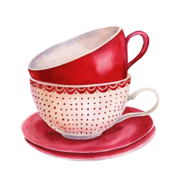 Red cups, hot chocolate on an isolated white background, watercolor illustration — Stock Photo, Image