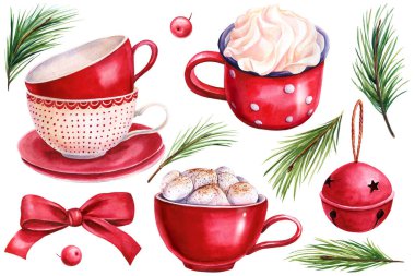 Tatlı fincanlar, çikolatalı kekler, kutsal, ladin ve çam dalları soyutlanmış beyaz arka plan, suluboya resimleme