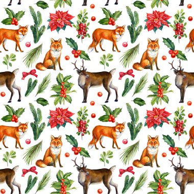 Noel aralıksız geyik, tilki ve çobanpüskülü, kış arkaplanı, suluboya resimleme, dijital kağıt